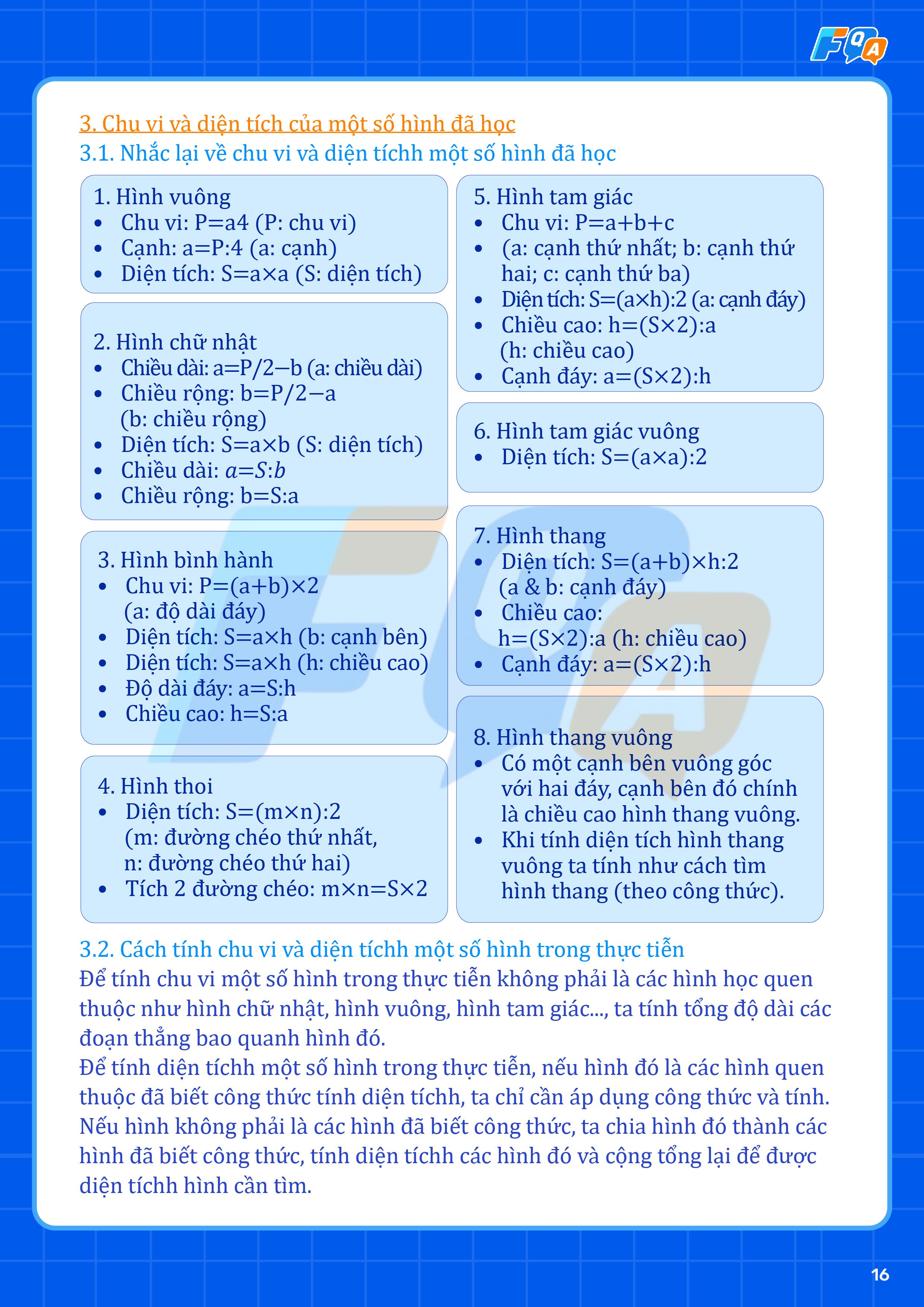 công thức tính chu vi và diện tích